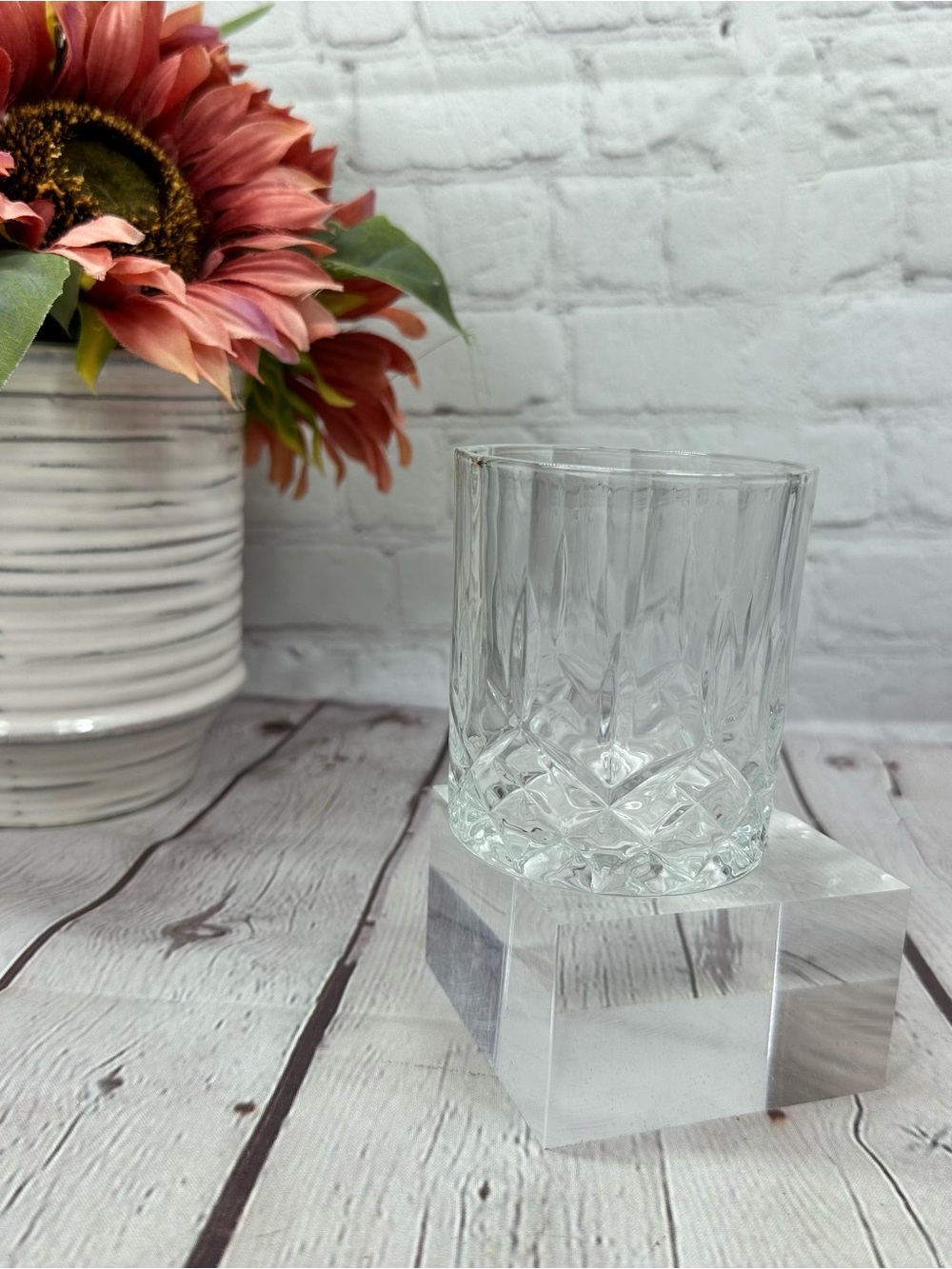 vtg Whiskey Glass - Clear Faceted diamond cut lowball Tumbler barware retro glam